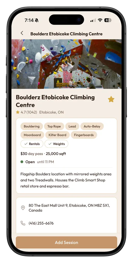 ClimbNorth gym detail screen for a specific climbing gym
