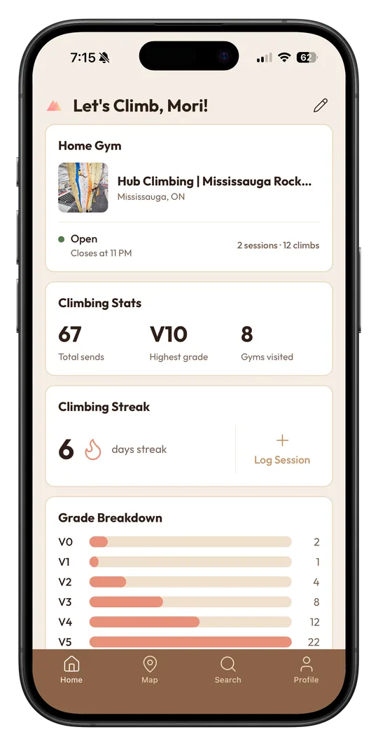 ClimbNorth on iPhone showing a logged climbing session
