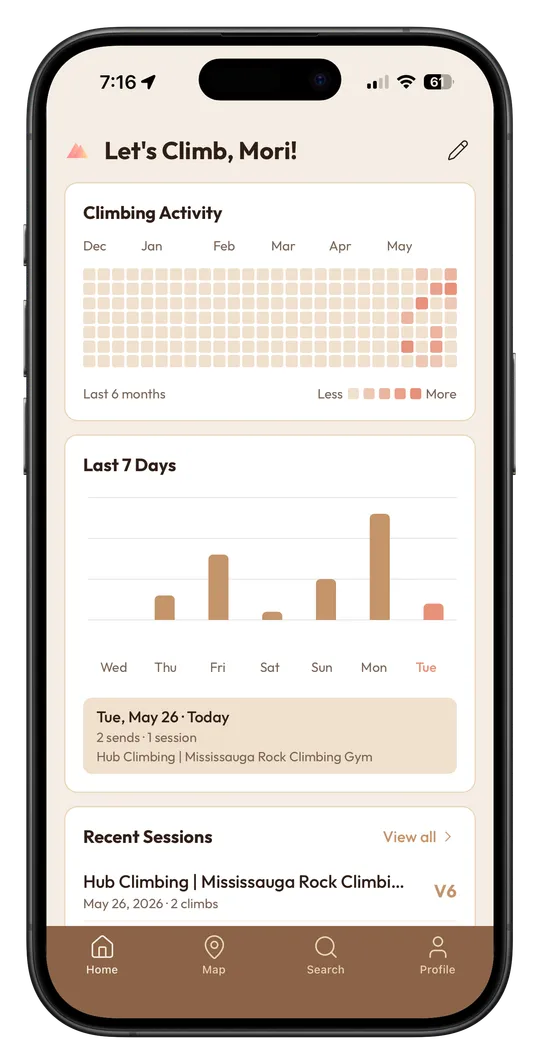 ClimbNorth home screen showing today's session