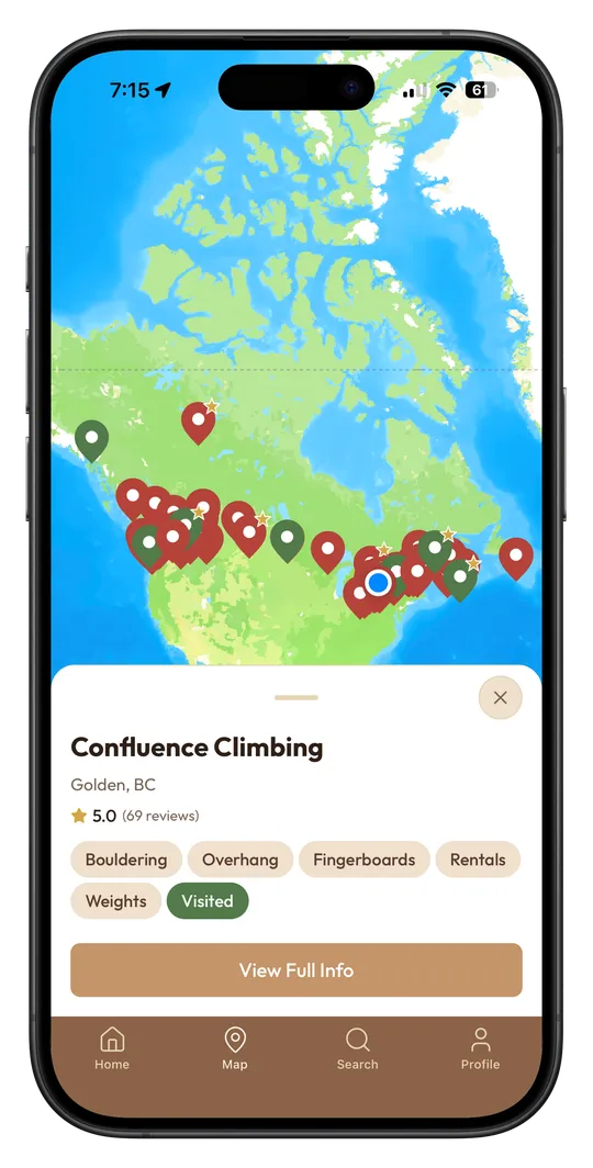ClimbNorth map screen showing gyms across North America