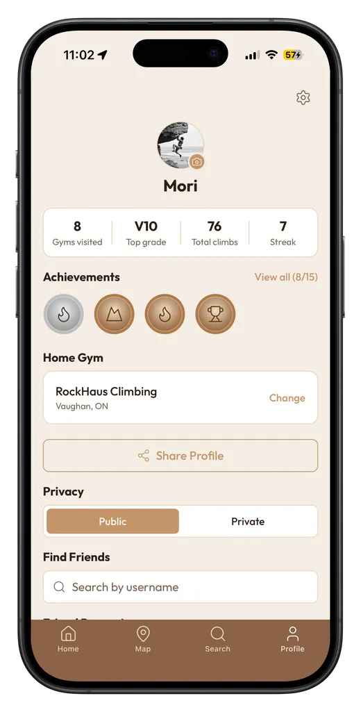 ClimbNorth profile screen showing a climber's stats