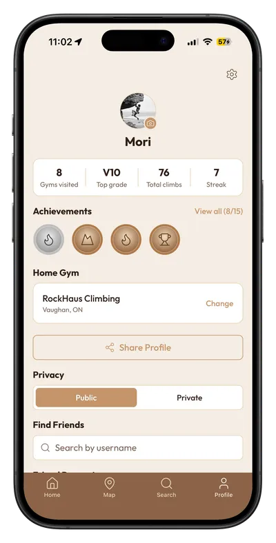 ClimbNorth profile screen