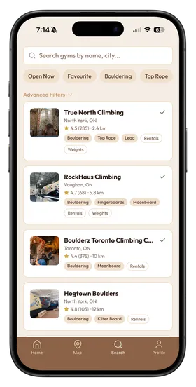 ClimbNorth search screen listing nearby gyms