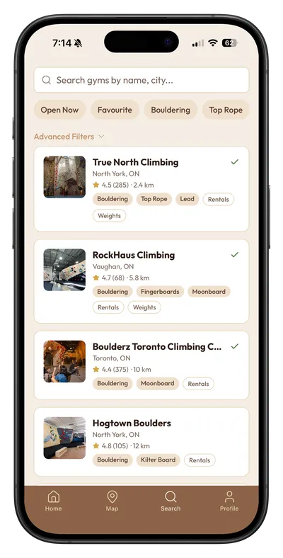 ClimbNorth search screen