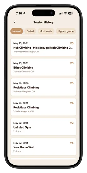 ClimbNorth sessions screen with logged climbs