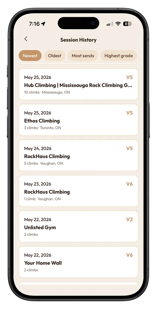 ClimbNorth sessions screen with logged climbs