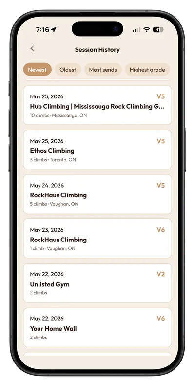 ClimbNorth sessions screen